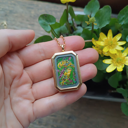 Yellow birds. Hand painted two sided pendant.
