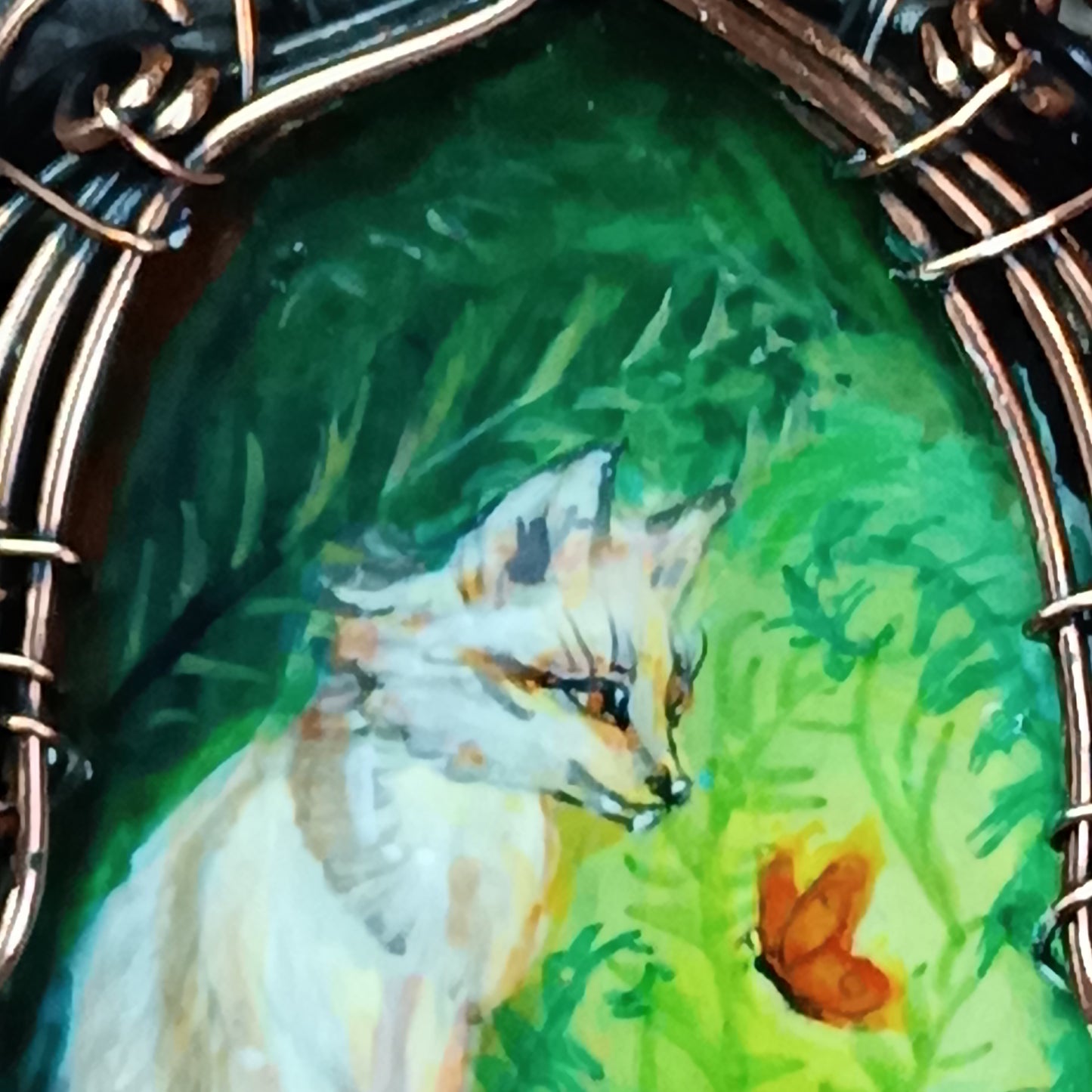 Forest light guardians.🦊🦊 Wire wrapped necklace with miniature paintings.