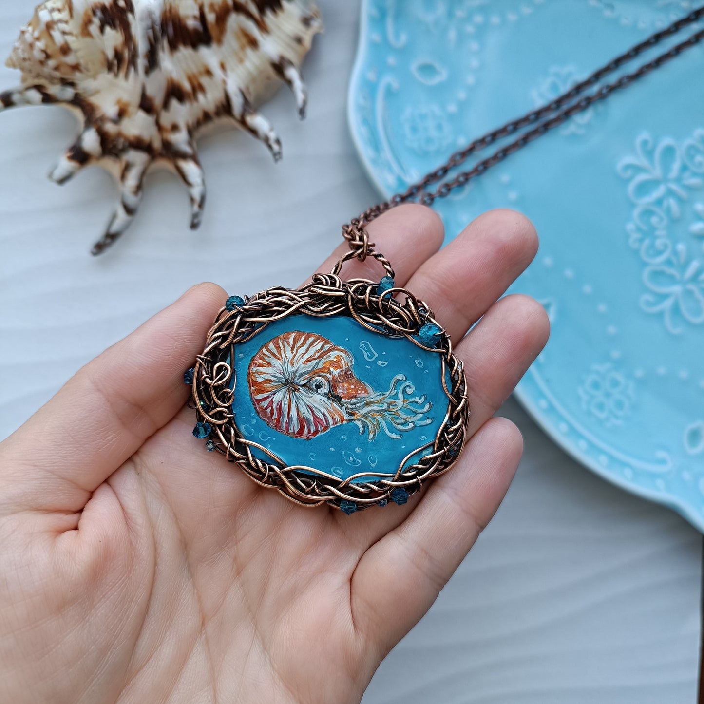 "Unforgettable diving". Wire wrapped and hand painted necklace.