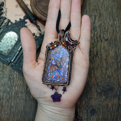 Medieval window necklace. Raven and Bat.