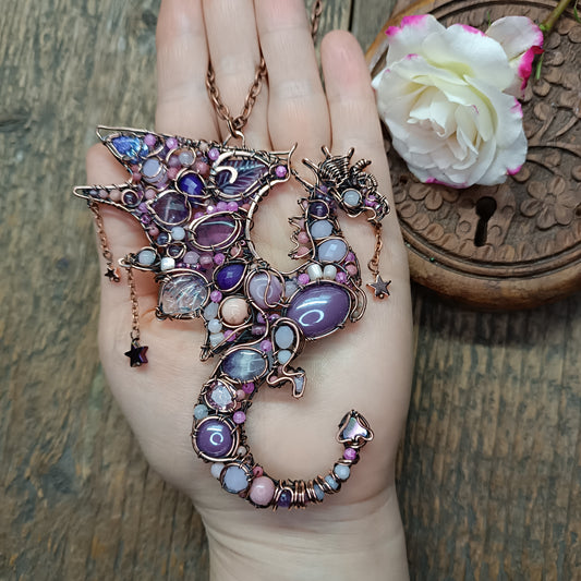 Pink and lavender Stars Catcher. Wire wrapped dragon necklace.