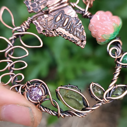 Life circle. Pink raspberry butterfly necklace