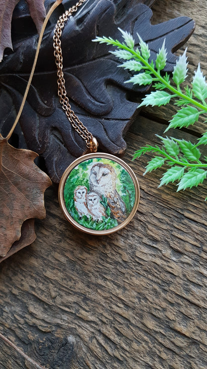 Owl family. Two sided pendant.