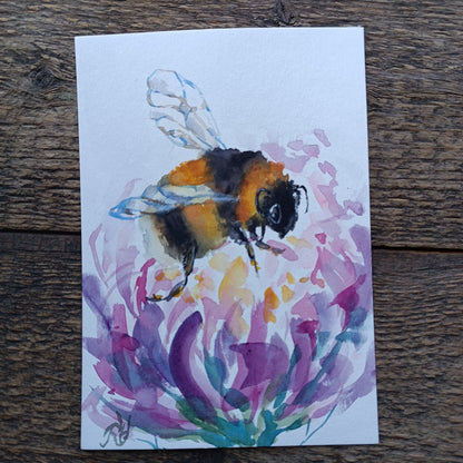 Bumblebee on a blooming flower. Original watercolour on paper. Unframed.