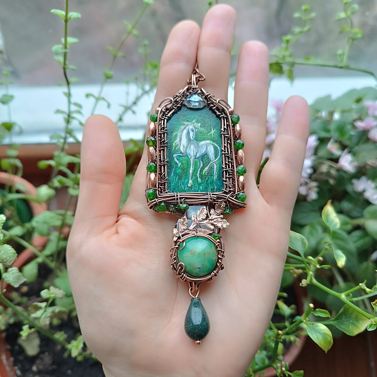The ballad of white unicorn and princess. Wire wrapped necklace with miniature paintings.