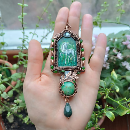 The ballad of white unicorn and princess. Wire wrapped necklace with miniature paintings.