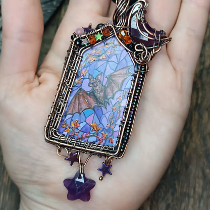 Medieval window necklace. Raven and Bat.