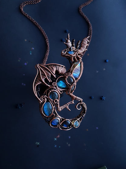 Final payment. FOR JAN Great water dragon. Wire wrapped copper necklace with labradorites.