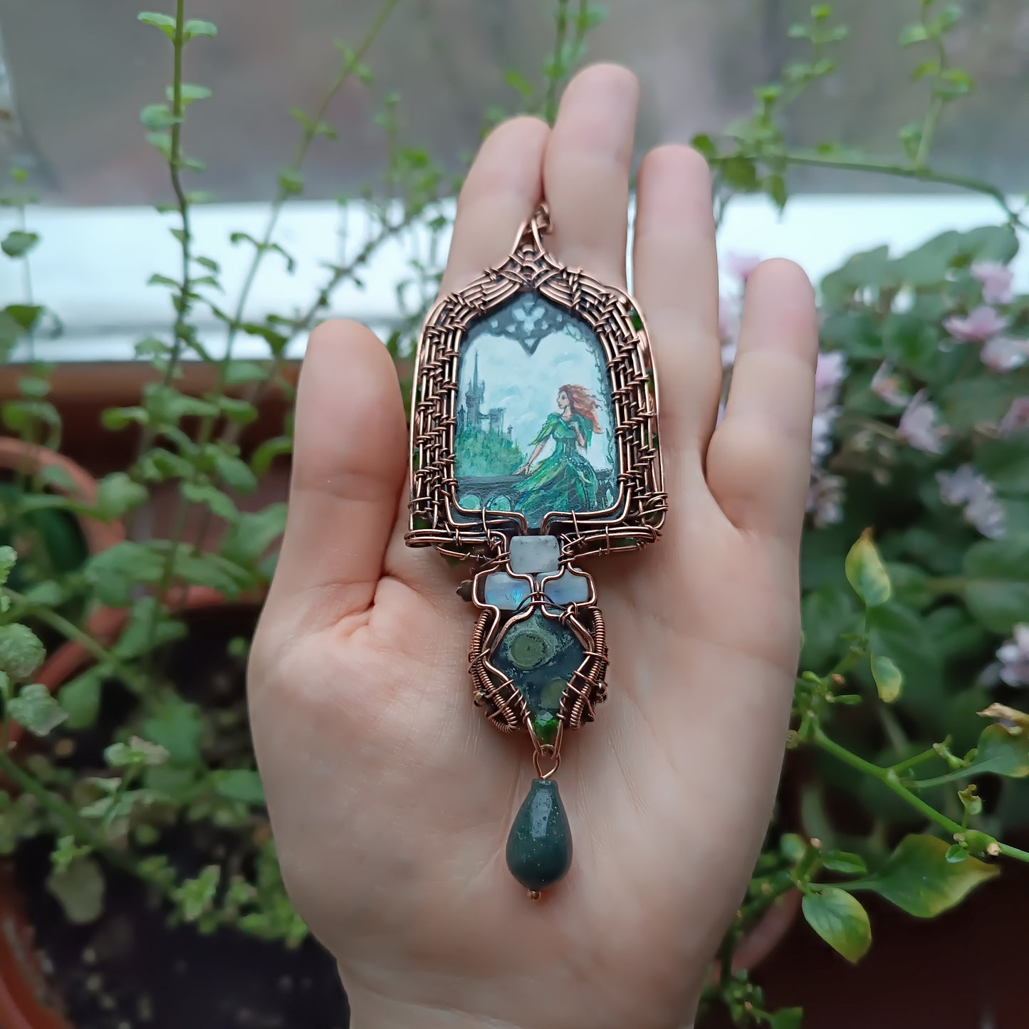 The ballad of white unicorn and princess. Wire wrapped necklace with miniature paintings.
