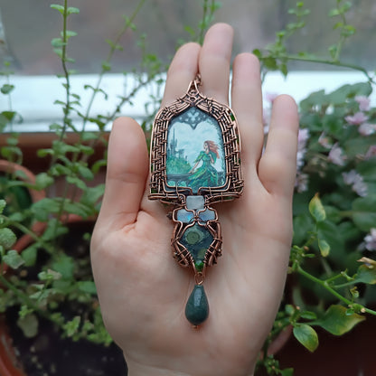 The ballad of white unicorn and princess. Wire wrapped necklace with miniature paintings.