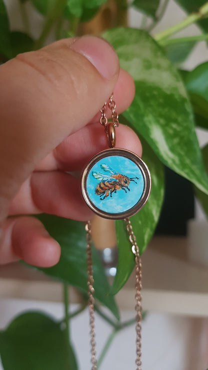 Bee and sunflowers. Double sided mini painted charm.