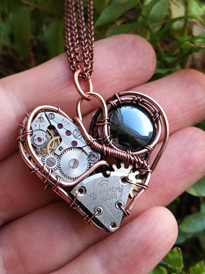 Hematite mechanical heart pendant