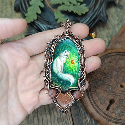 Forest light guardians.🦊🦊 Wire wrapped necklace with miniature paintings.