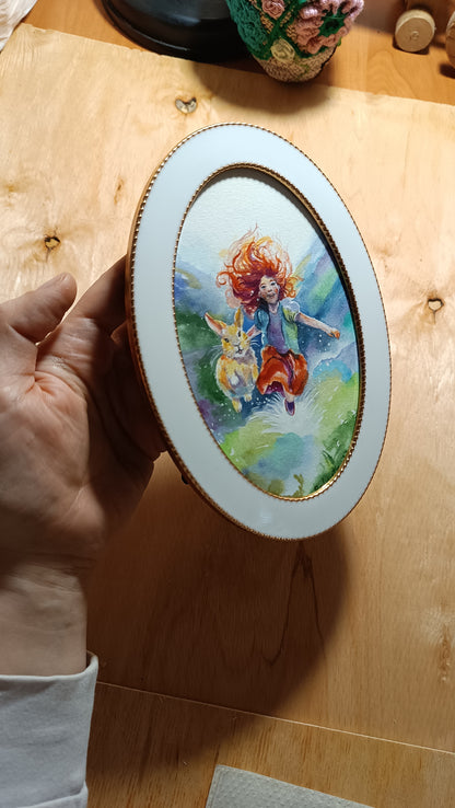 Happy childhood. Original watercolor in the white enameled frame.