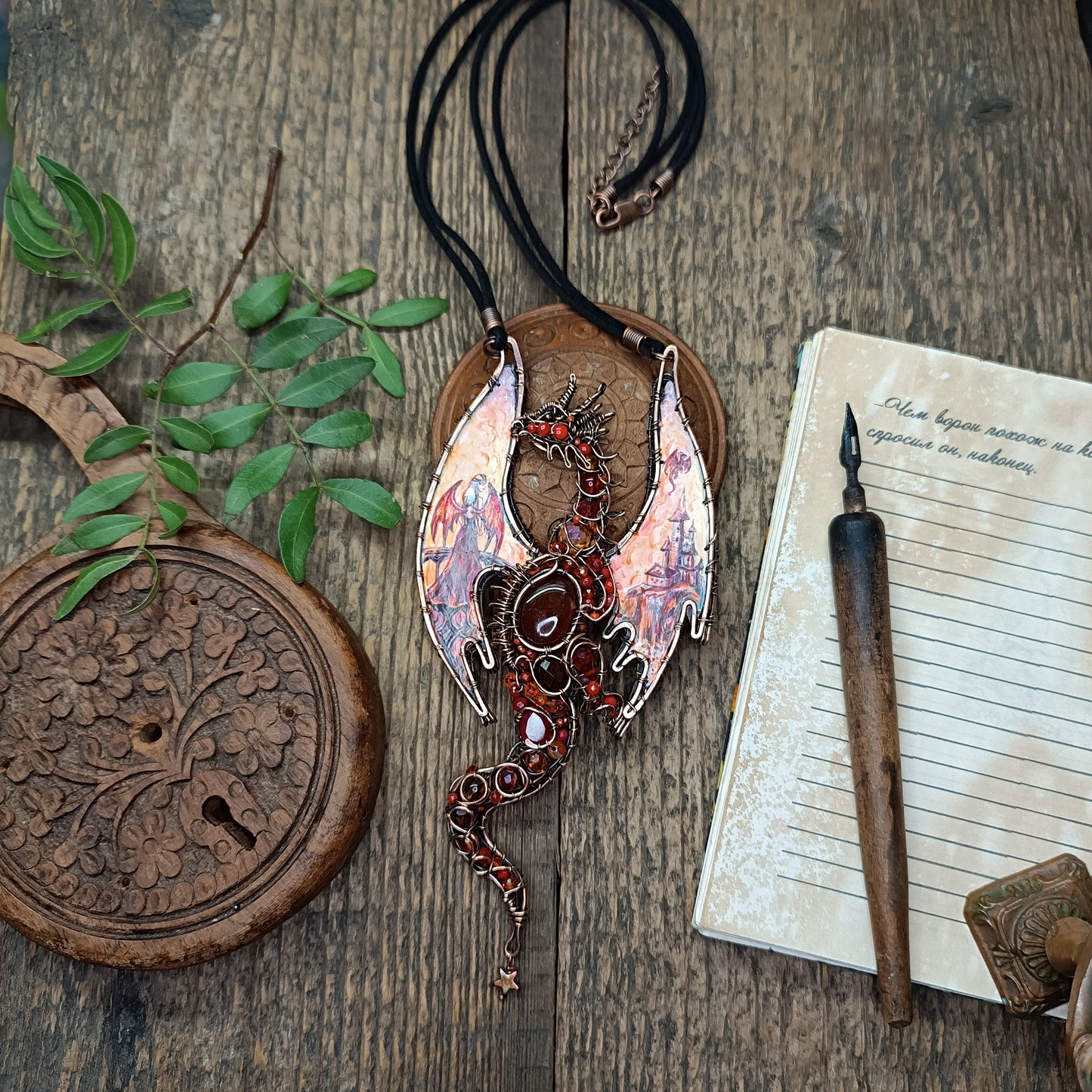 The ballad of Red dragon and his love. Wearable art necklace.