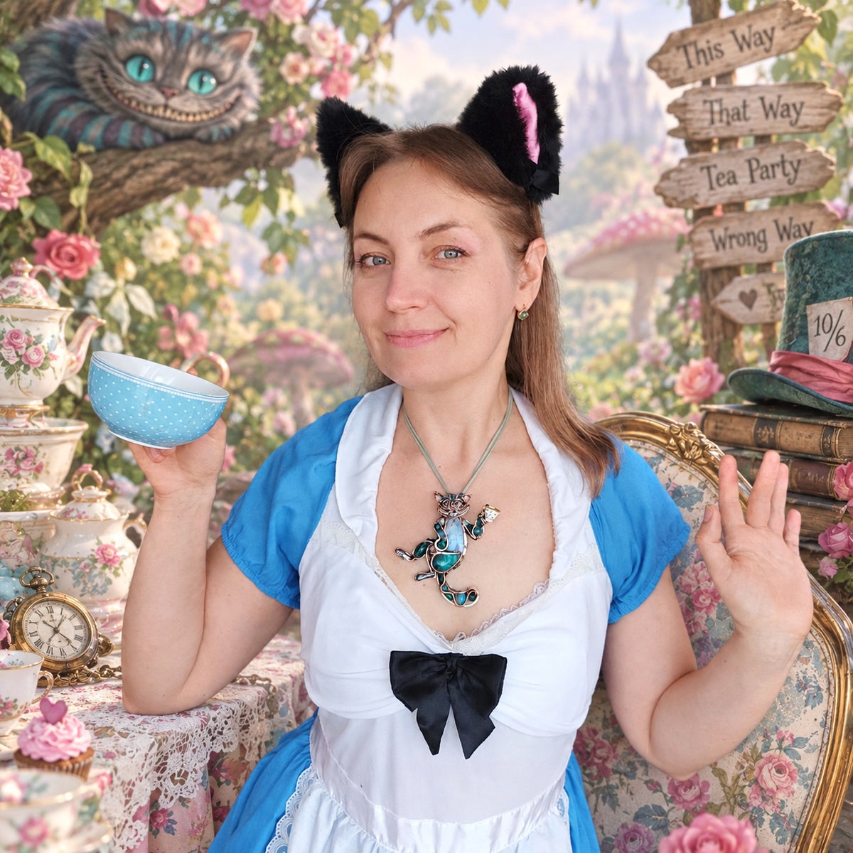 Blue cat at the tea party necklace🩵🐱☕