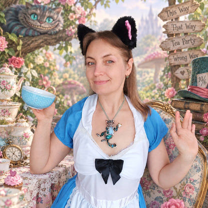 Blue cat at the tea party necklace🩵🐱☕