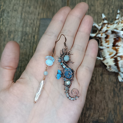 Blue and white seahorse earrings