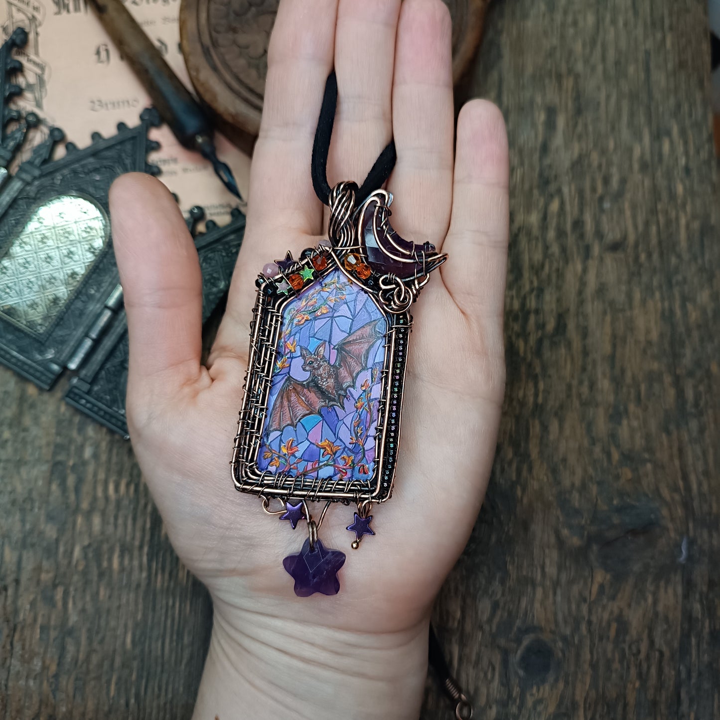 Medieval window necklace. Raven and Bat.