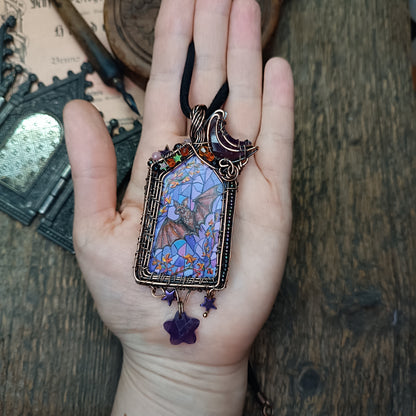 Medieval window necklace. Raven and Bat.