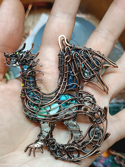 Blue ocean wind dragon. Wire wrapped necklace