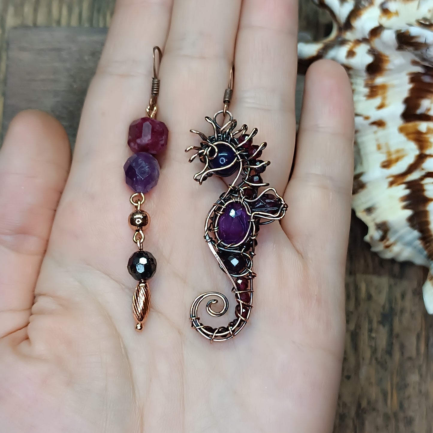 Amethyst and garnet seahorse earrings