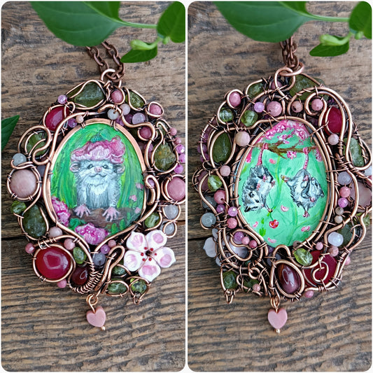 Charming possums and cherry blossom. Wire wrapped 2 sided necklace with miniature paintings