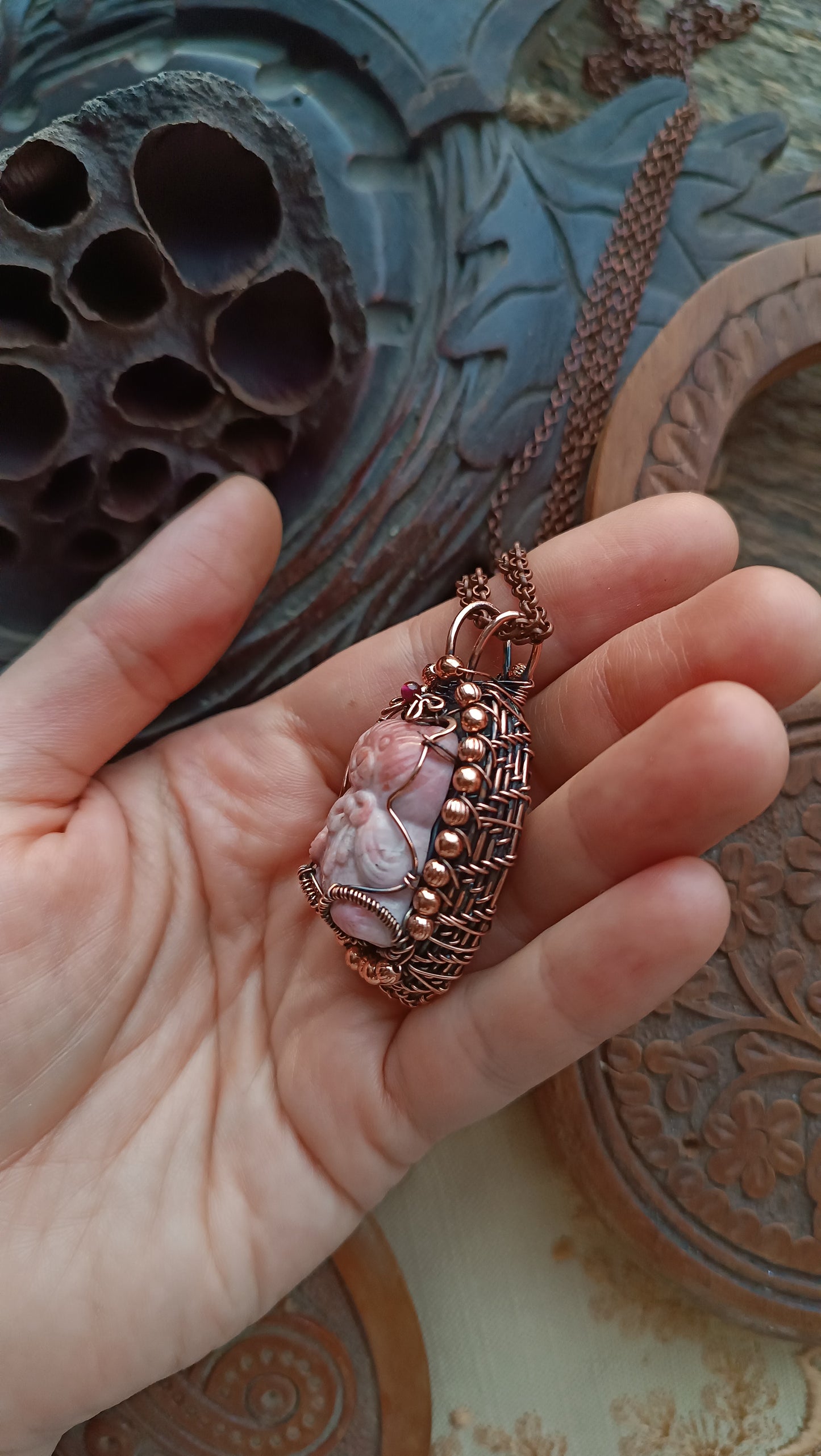For Cheryl. Rhodonite bear and purple labradorite pendant.