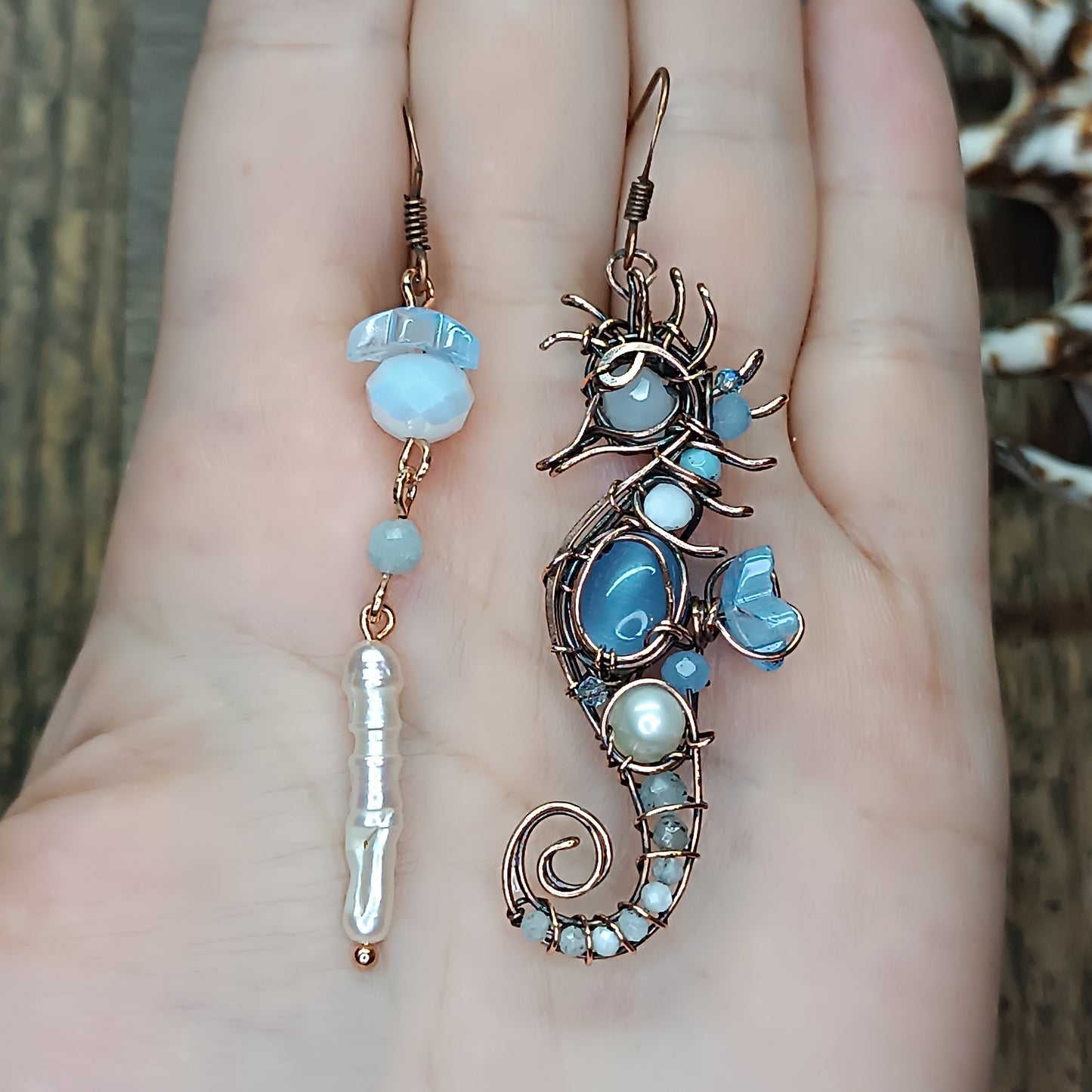 Blue and white seahorse earrings