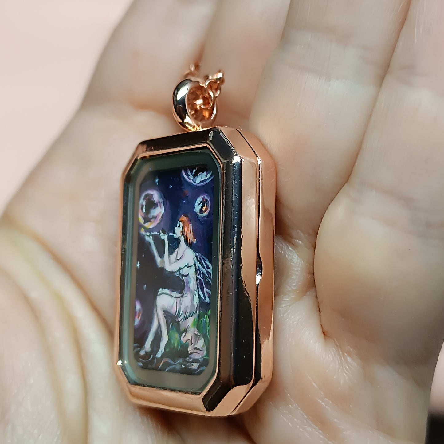 Little Fairy, Mermaid and magic bubbles. Hand painted pendant.
