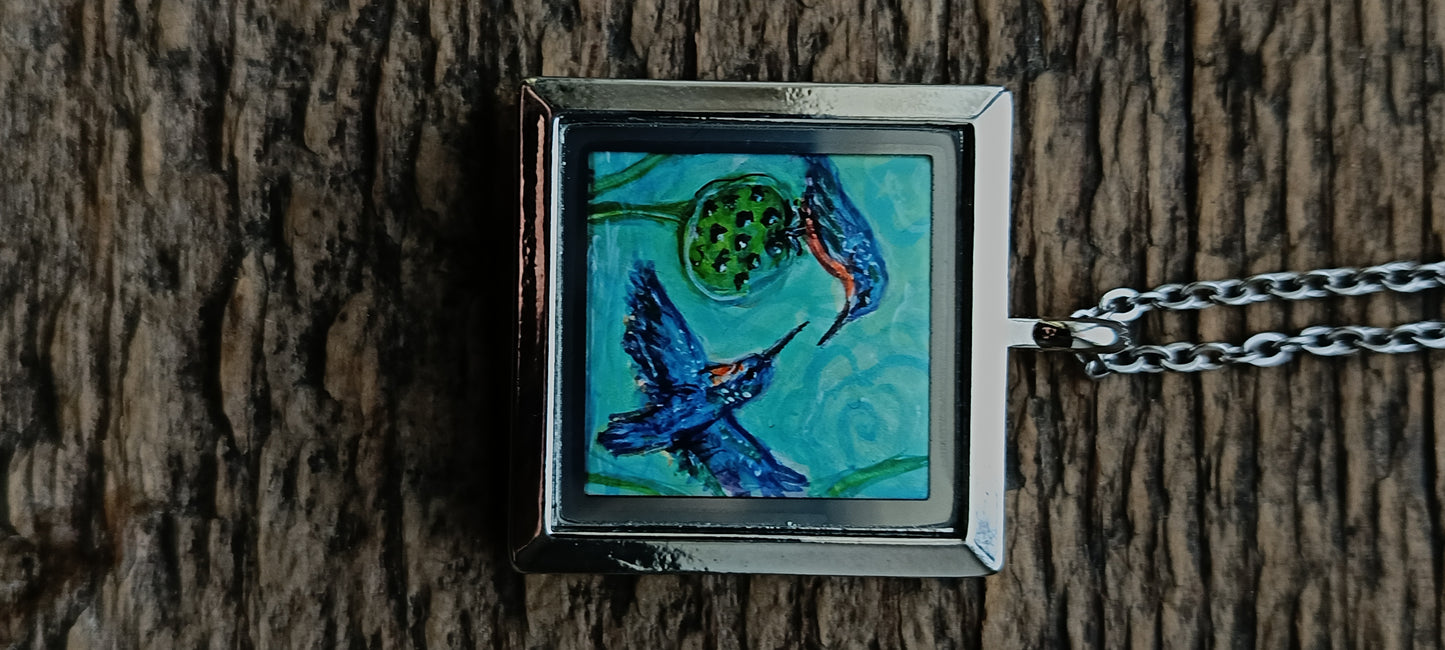 Kingfishers on lotus. Hand painted necklace.