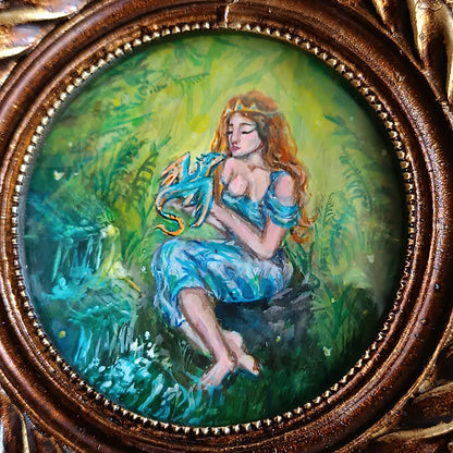Princess and dragon. Original acrylic painting in a frame.
