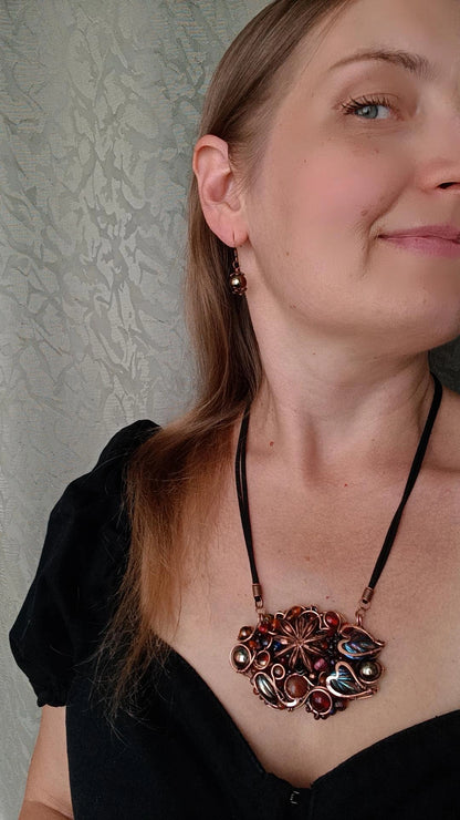 Beaded statement necklace and earrings.