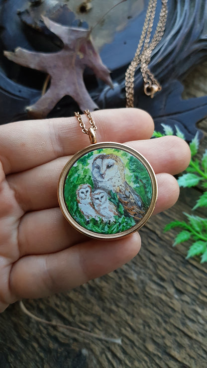 Owl family. Two sided pendant.