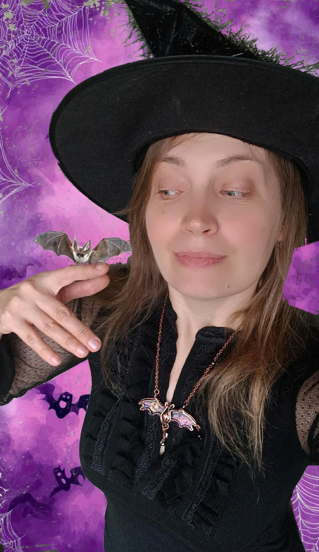 Halloween story. Painted bat necklace