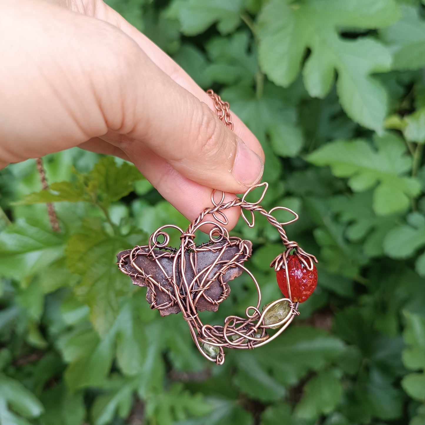 Life circle. Summer strawberry butterfly nebula necklace