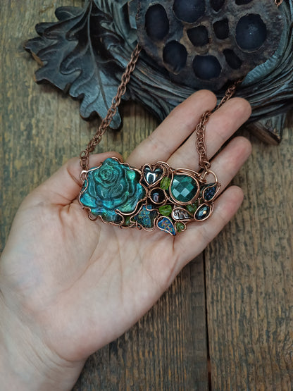 Blue peacock rose necklace