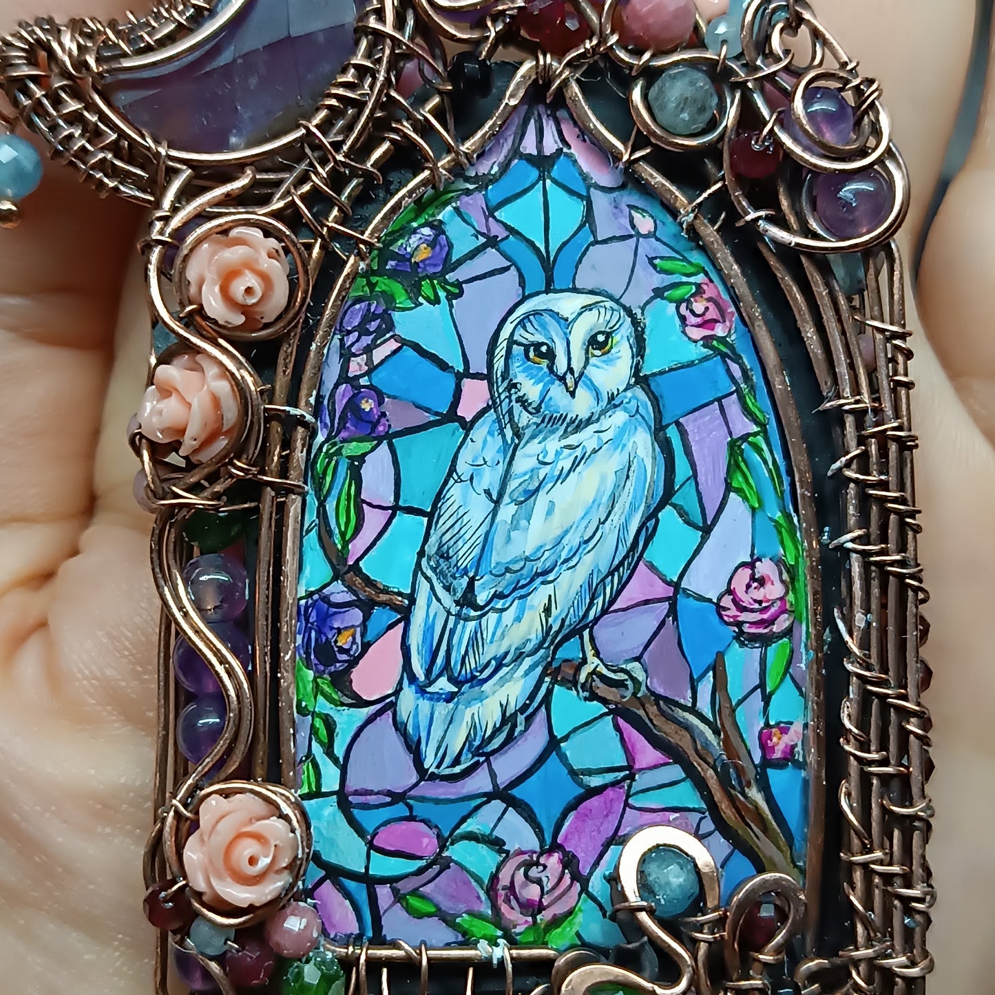 For Diane. Custom necklace. Owl and cat magic window.
