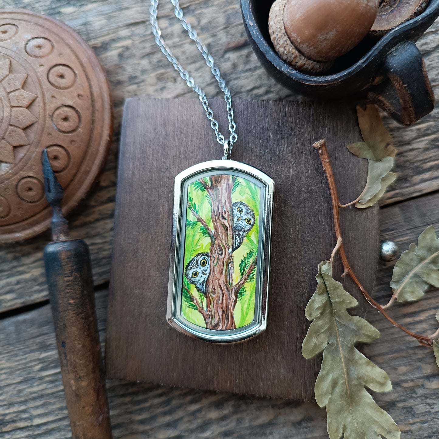 Wizard's helpers🌿 Painted pendant🦉🐿️