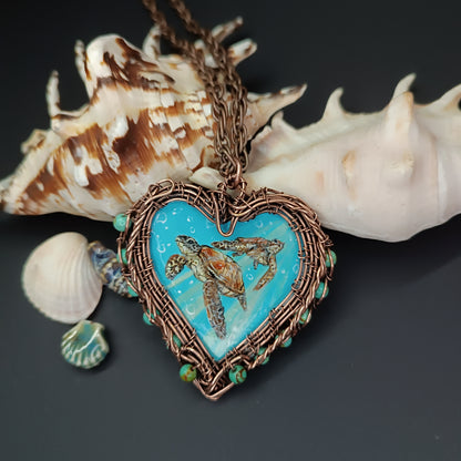 Heart of the ocean. Wire wrapped hand painted necklace. Reversible.