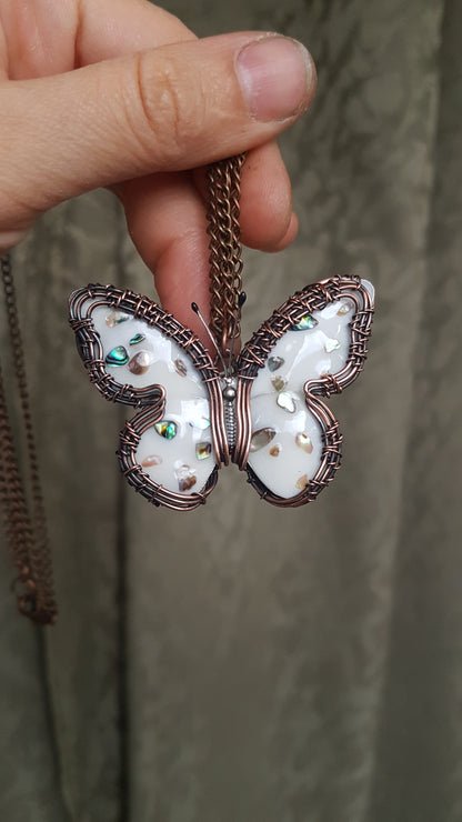 Reversible. White enamel butterfly necklace.