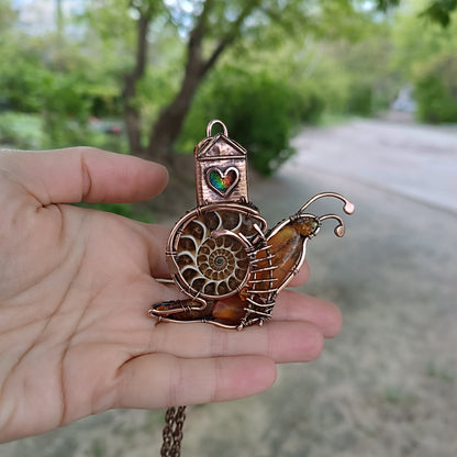 Snail and a fairy house necklace
