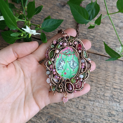 Charming possums and cherry blossom. Wire wrapped 2 sided necklace with miniature paintings