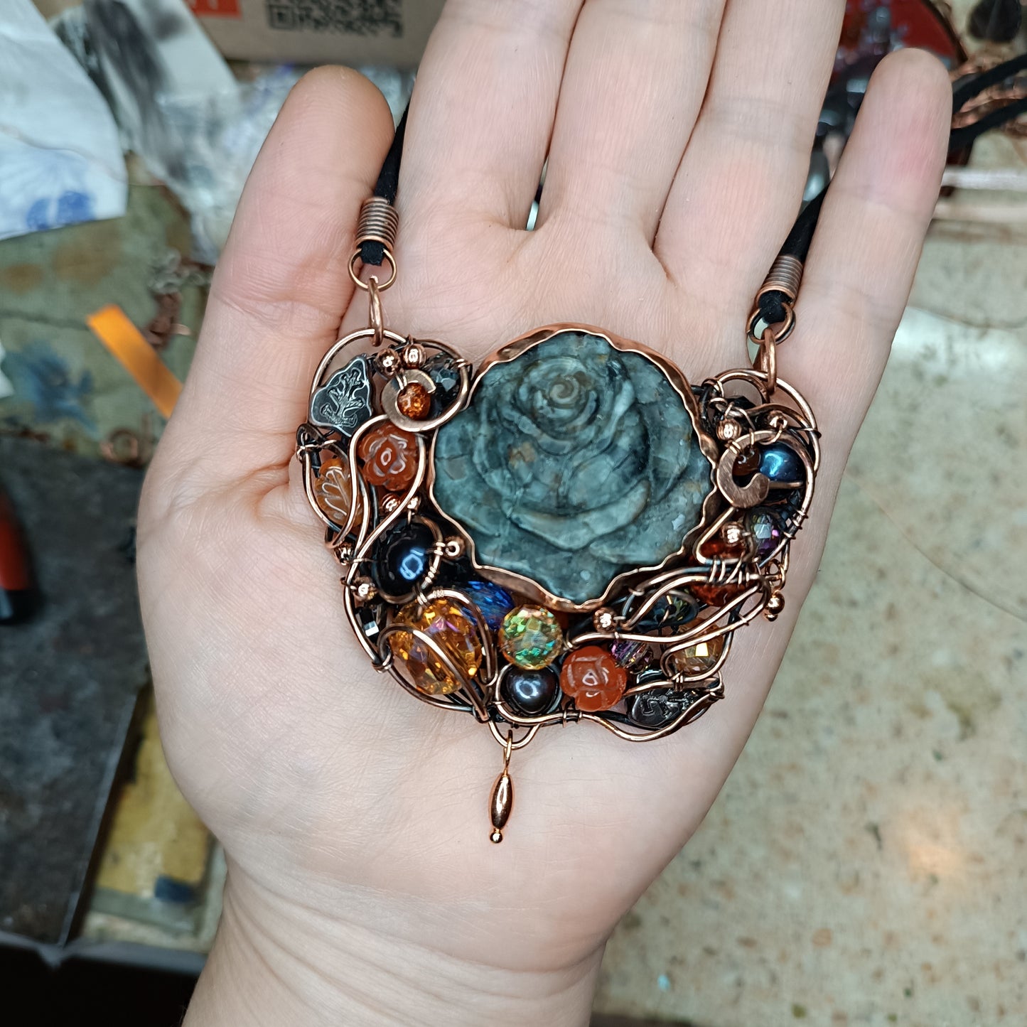 Hidden fire. Rose necklace.