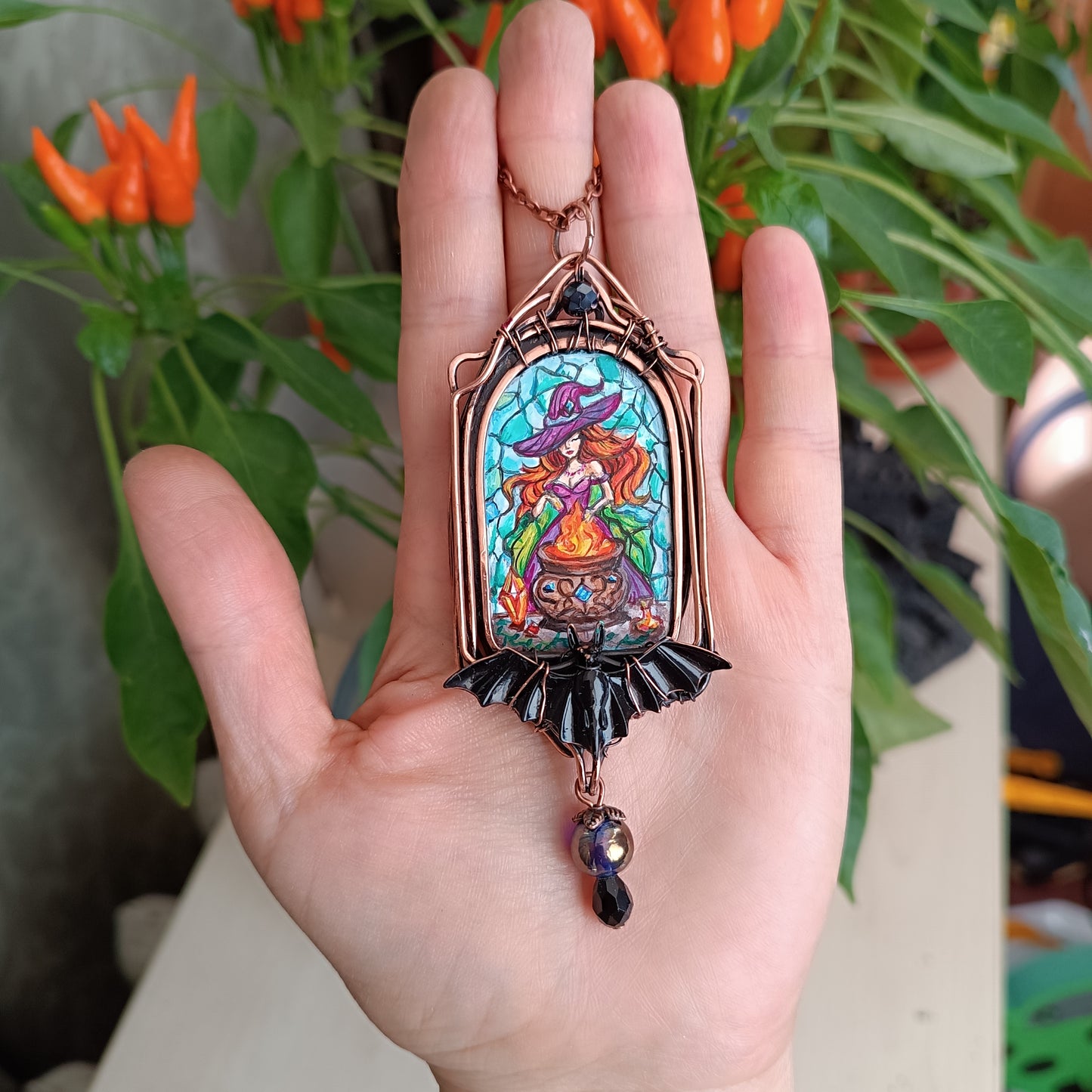 Witchcraft amulet. Hand painted miniature on copper.