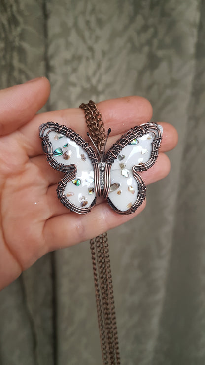 Reversible. White enamel butterfly necklace.