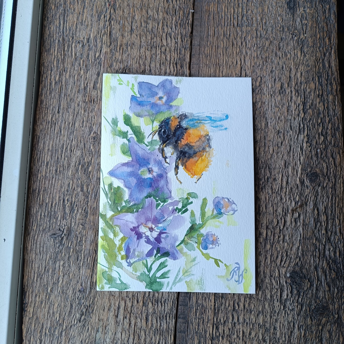 Buzy bee on bellflowers. Original watercolor on paper. Unframed.