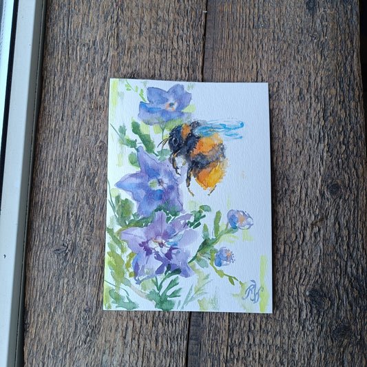 Buzy bee on bellflowers. Original watercolor on paper. Unframed.