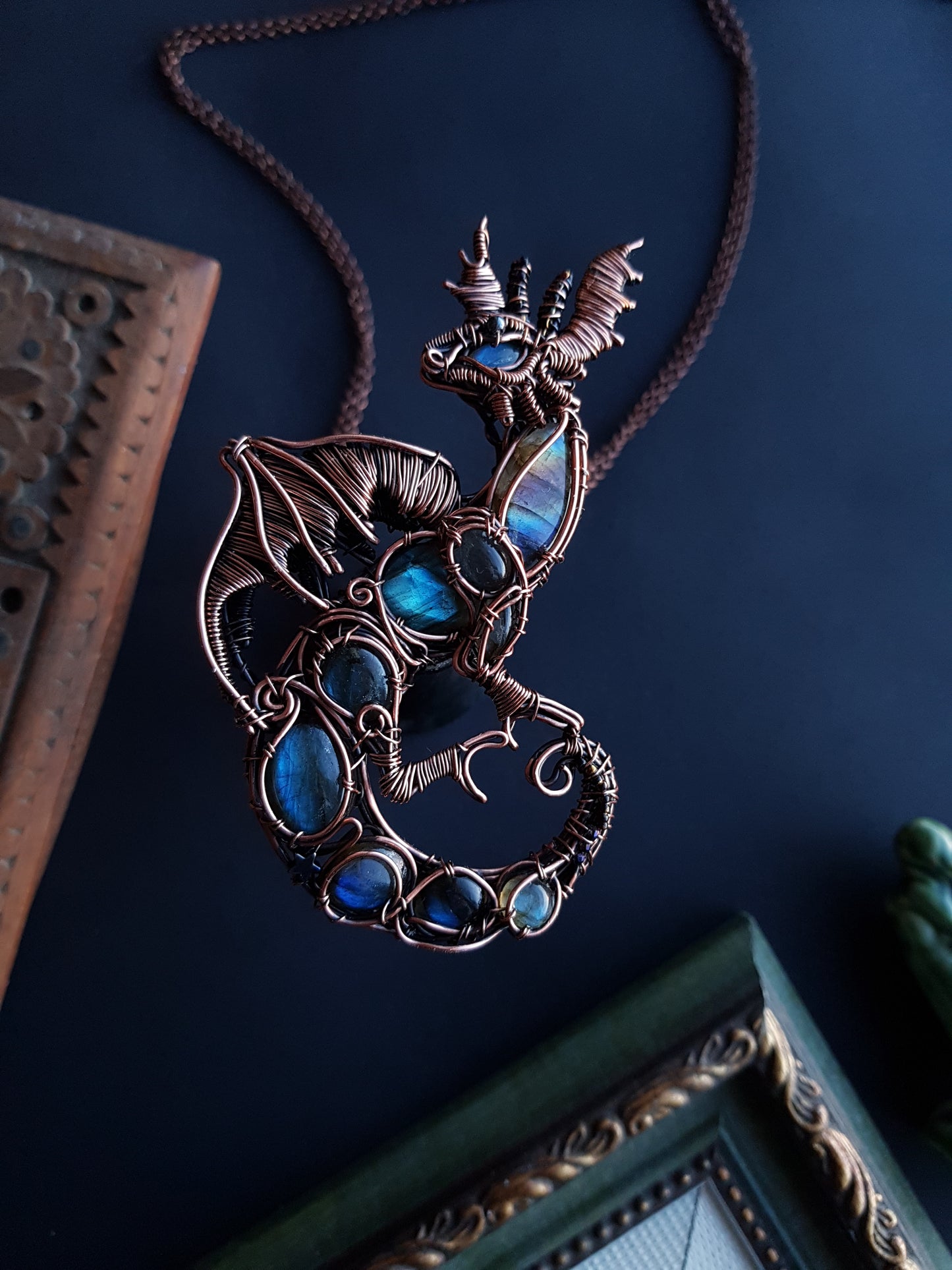 Great water dragon. Wire wrapped copper necklace with labradorites.