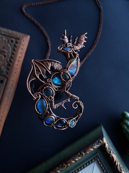 Great water dragon. Wire wrapped copper necklace with labradorites.